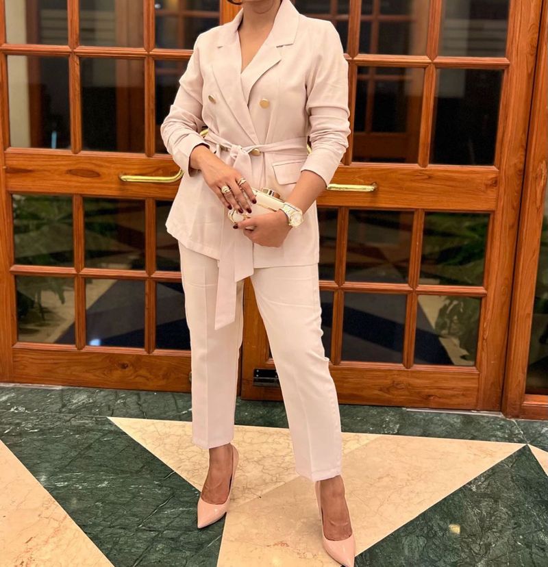 Chic Pink Double-Breasted Blazer and Pants Set