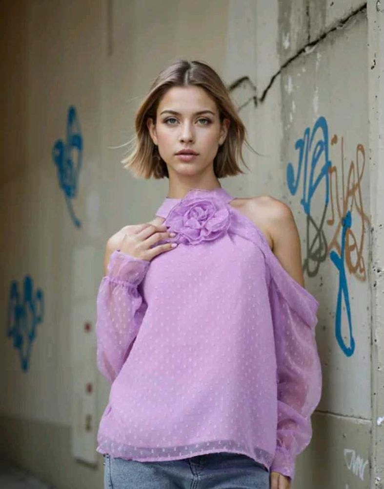 Lavender Cold Shoulder Top with Floral Accent🪻