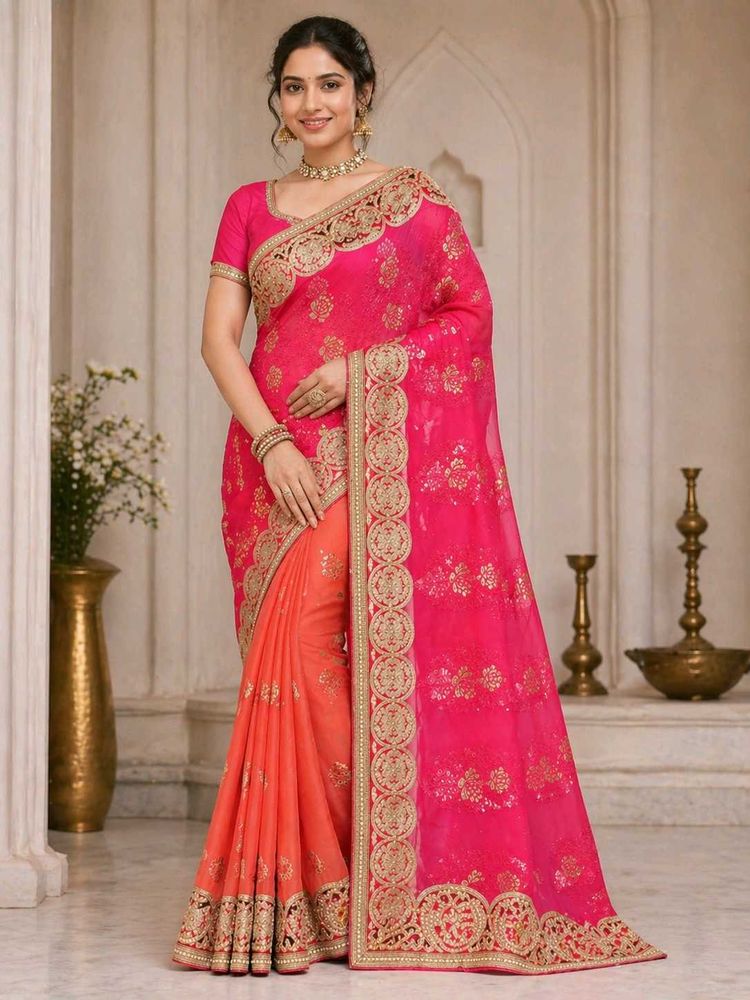 Pink &amp; Orange Embroidered Saree with peti