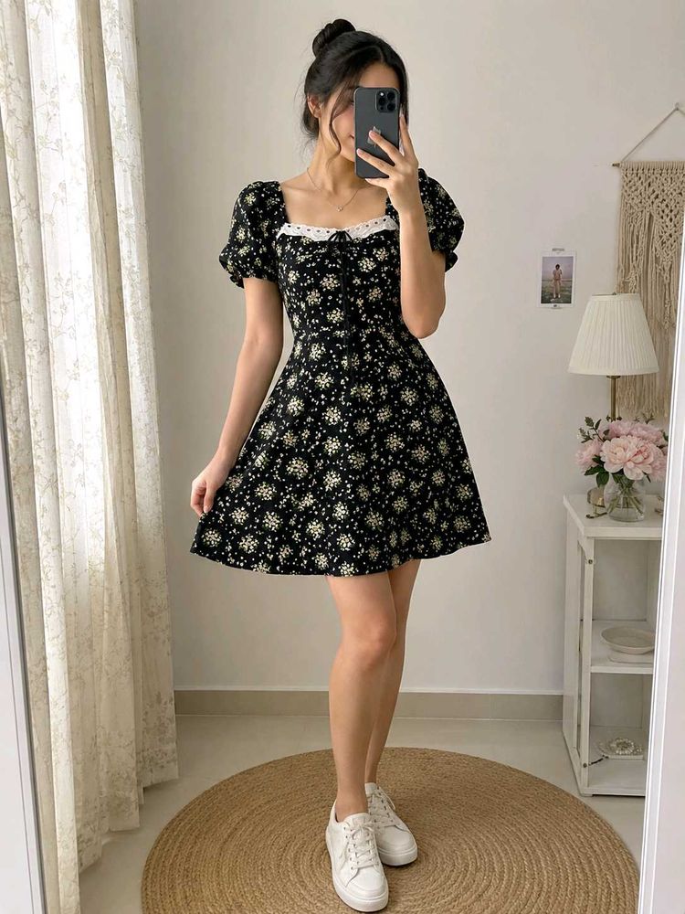 Floral Print Puff Sleeve Dress