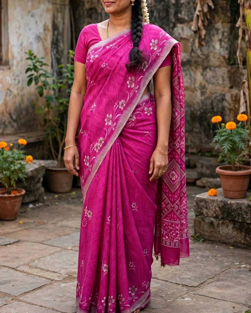 Vibrant Pink Floral Print Saree