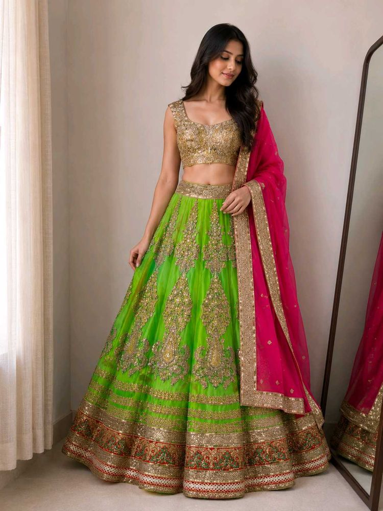 Stunning Green &amp; Gold Lehenga Choli