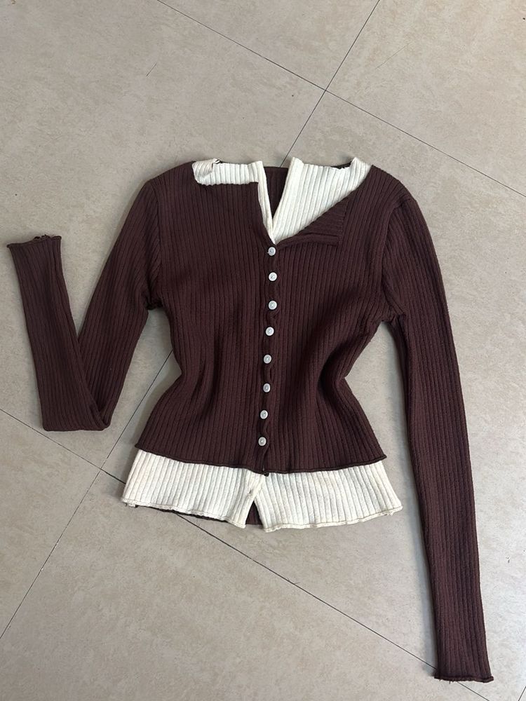 Two-Tone Ribbed Knit Cardigan