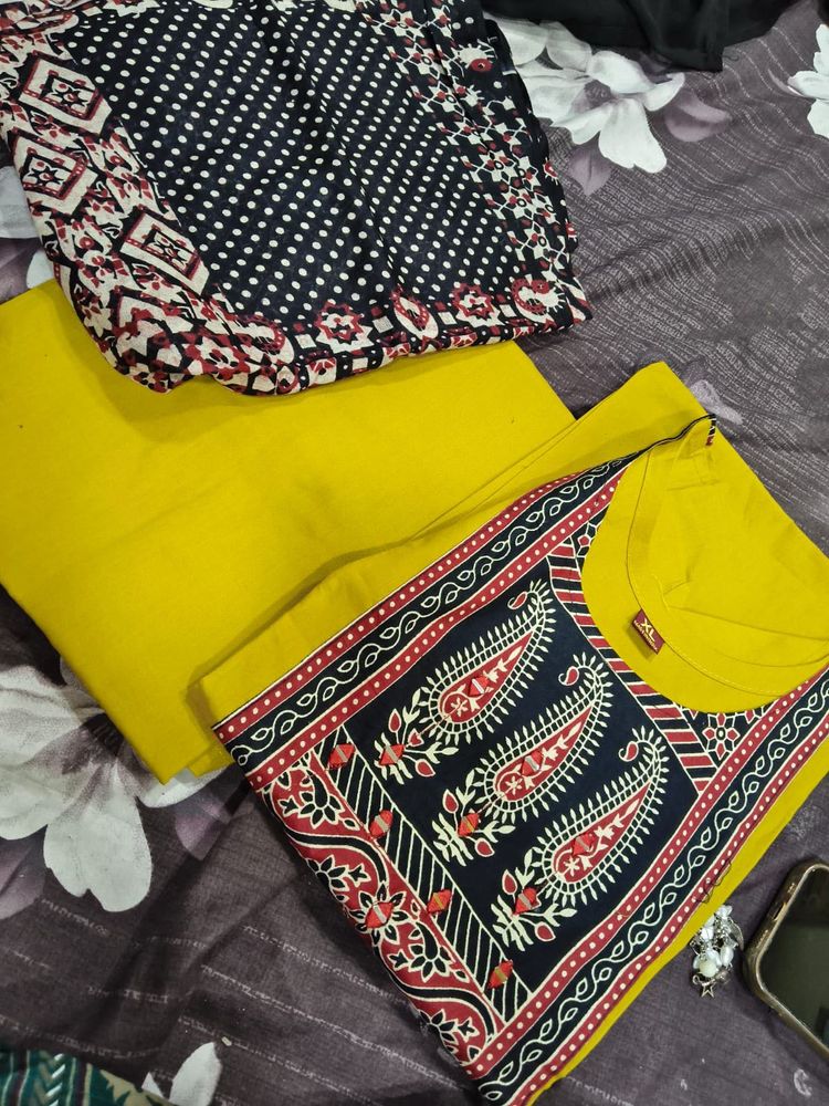 Yellow Kurta Set with Black &amp; Red Print
