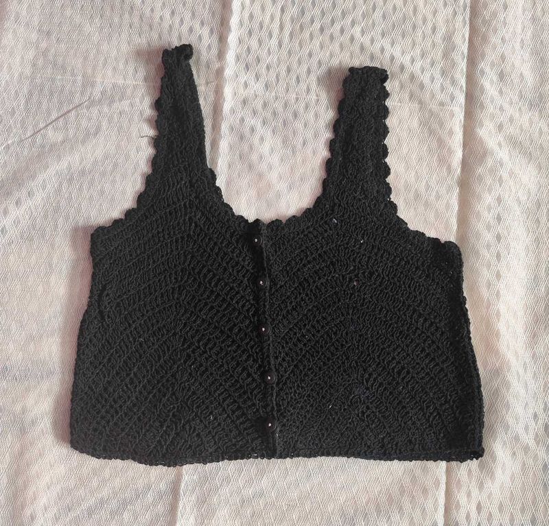 Black Crochet Button-Up Vest Top