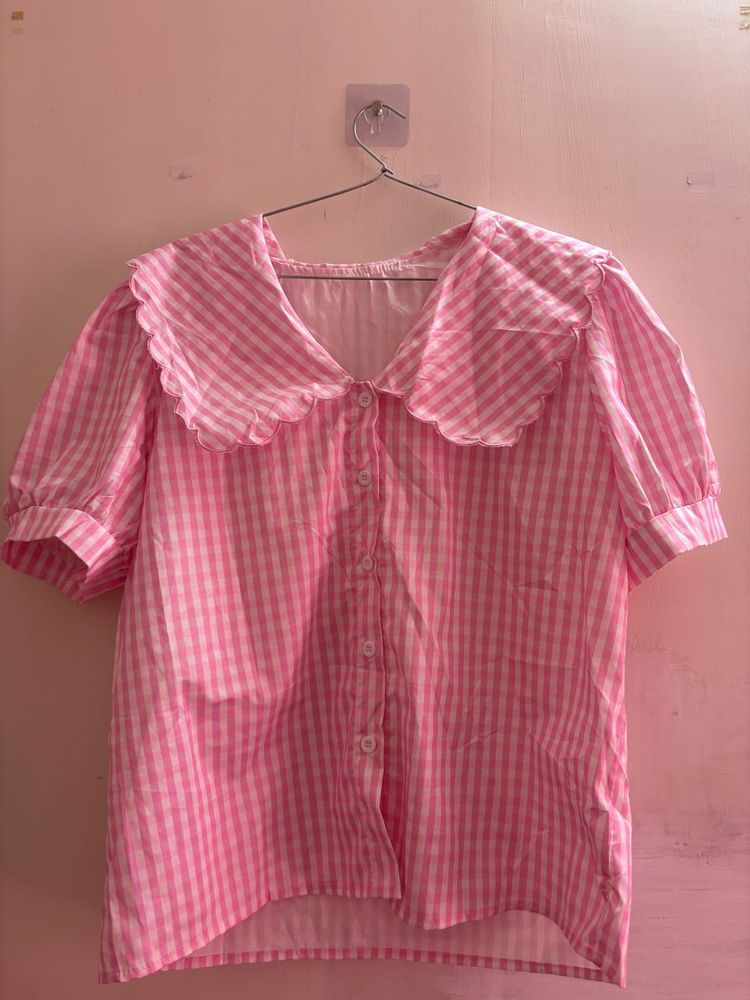 Cute savana Pink Gingham Peter Pan Collar Top