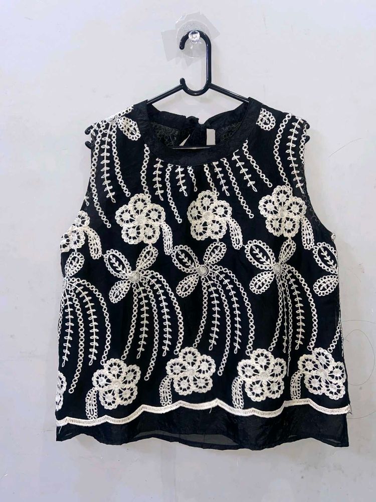 Boho Black Embroidered Crop Top