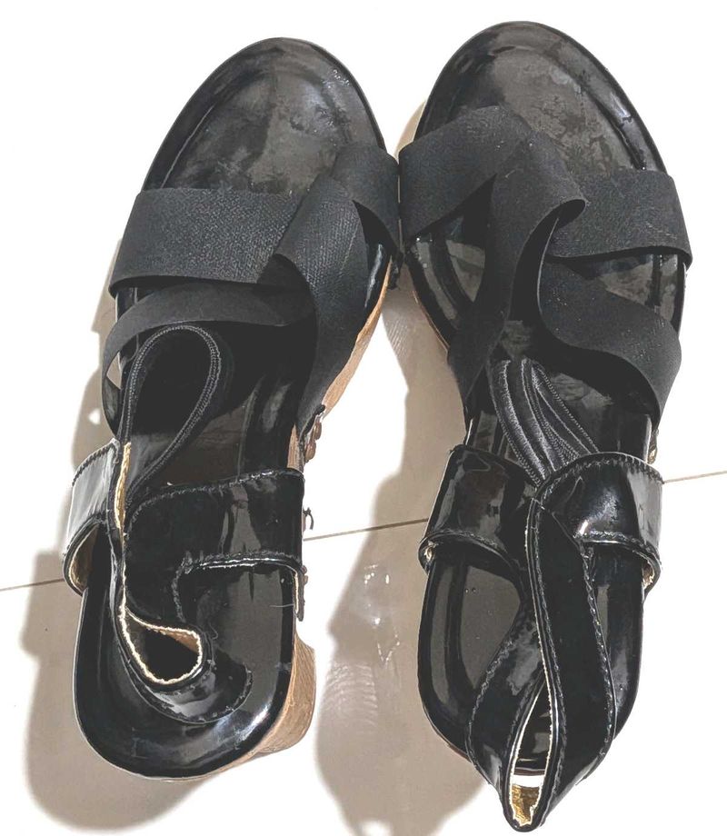 Black Patent Wedge Sandals