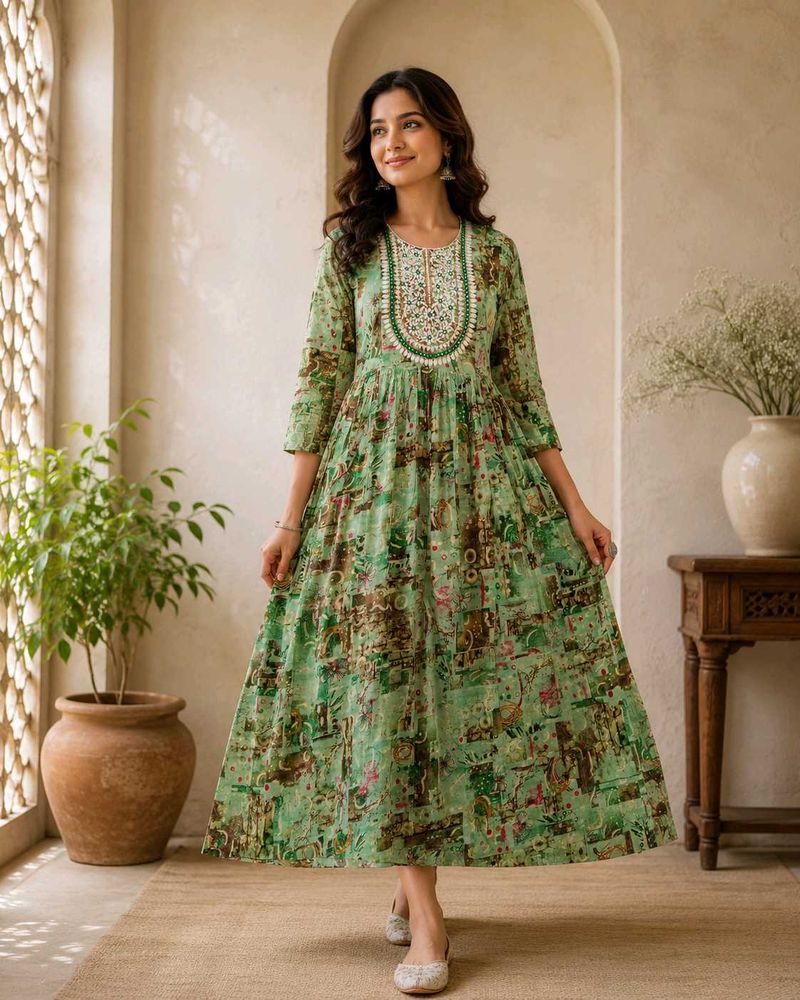 Green Printed Anarkali Kurta