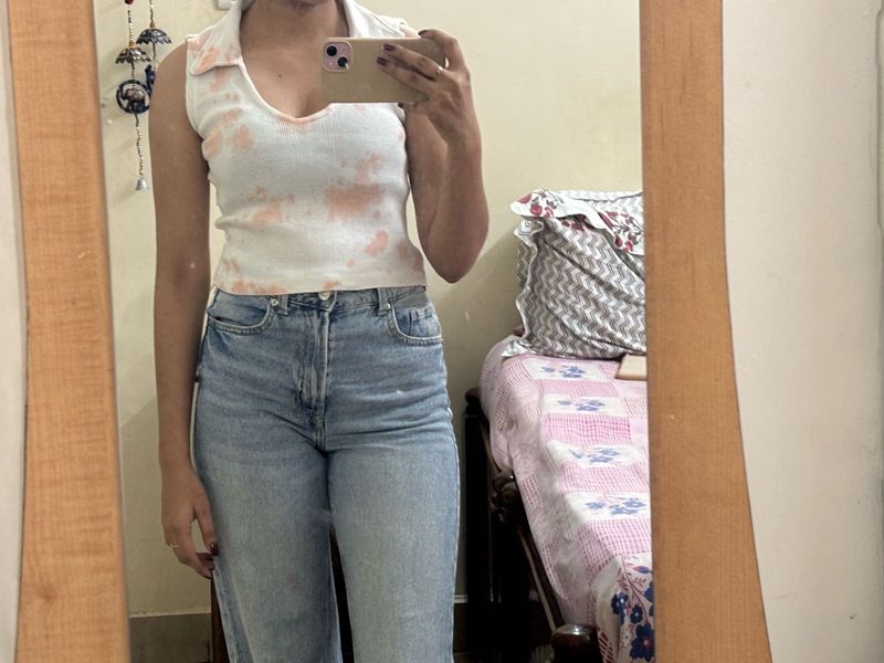 Tie-Dye Collared Sleeveless Top