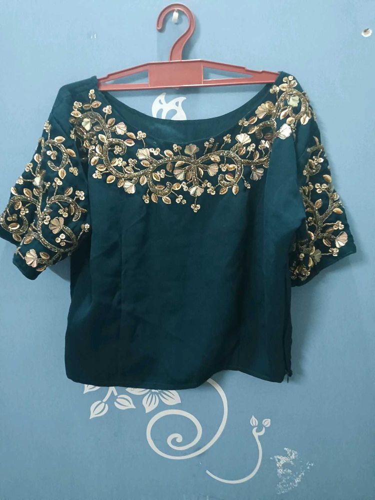 Embroidered Teal Blue top skirt set