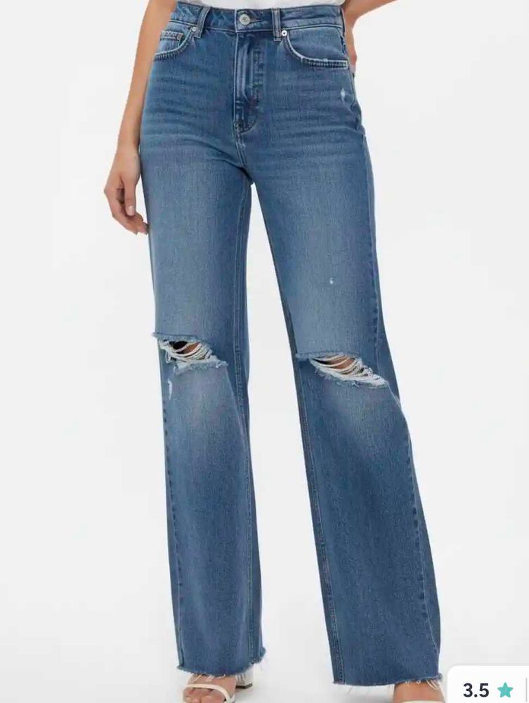 Ripped Wide Leg Blue Jeans