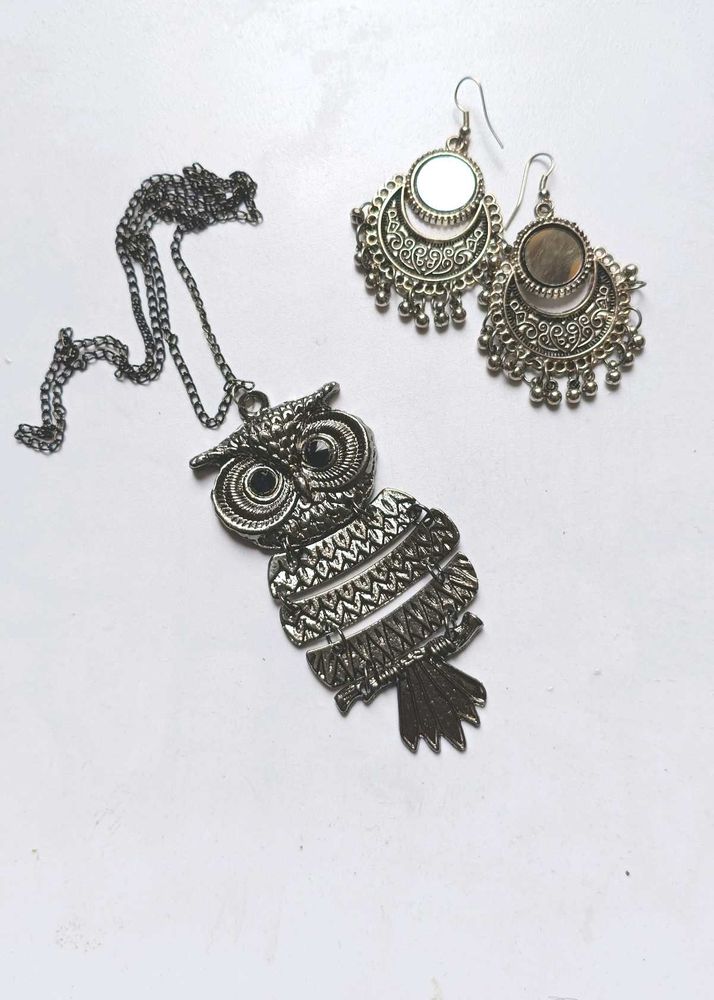 Owl Pendant Necklace and Earrings Set