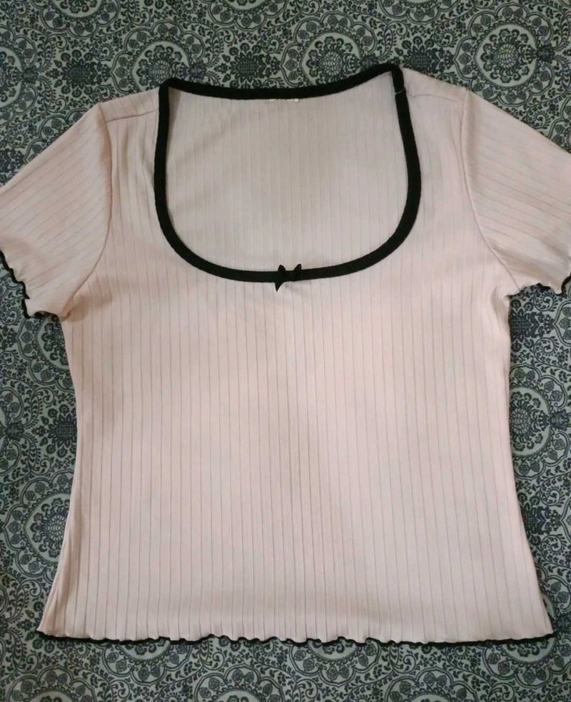 Cute Ribbed Cropped Top with Bow Detail