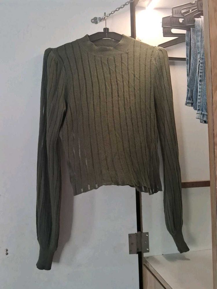 Olive Green Ribbed Puff Sleeve Top