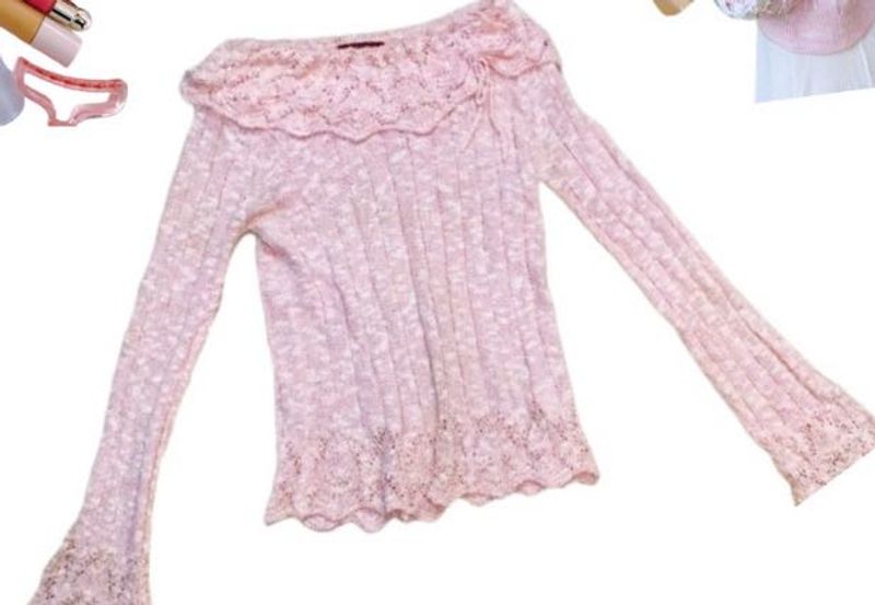 Pink Bell Sleeve Lace Trim Top