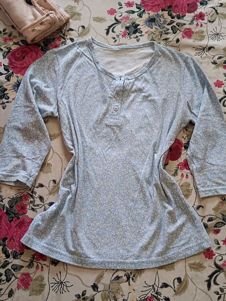 Blue Floral Print 3/4 Sleeve Top