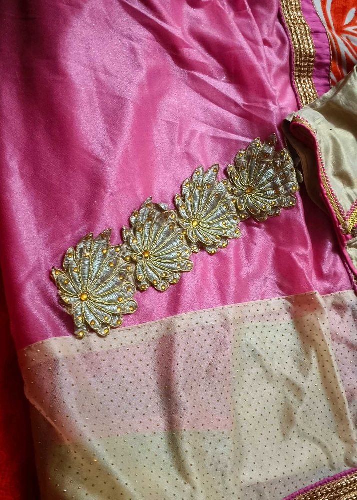 Elegant Pink &amp; Gold Embroidered Saree Blouse Piece