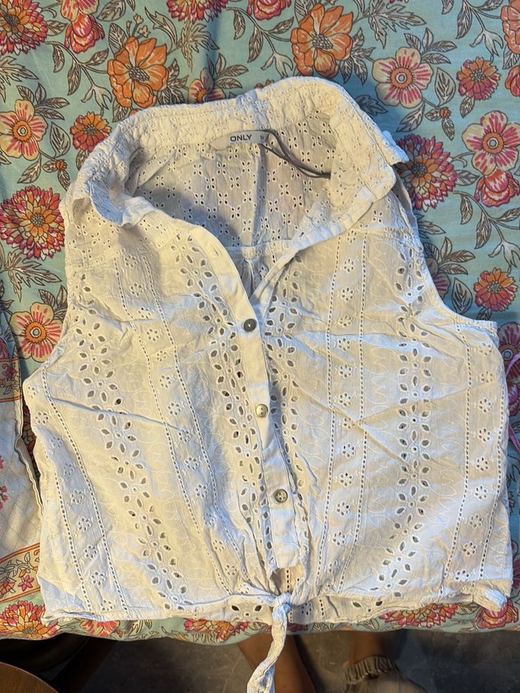 White Eyelet Tie-Front Top