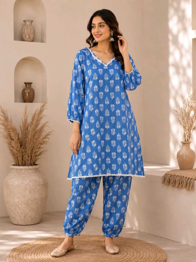 Blue Printed Kurta Set with Pants