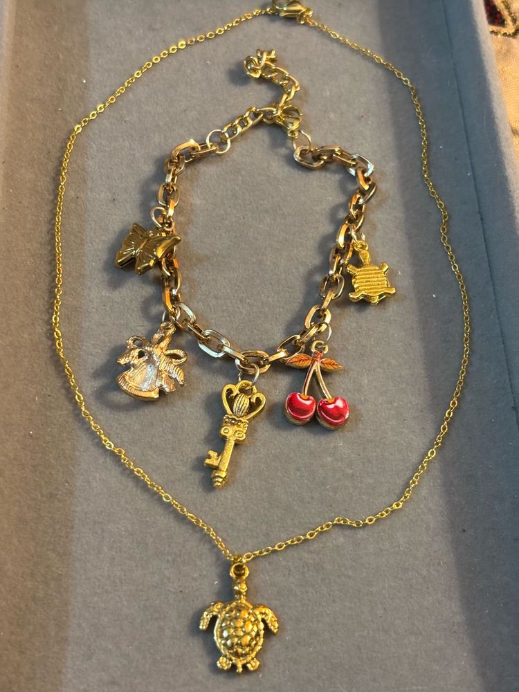 Charming Gold-Tone Charm Necklace &amp; Bracelet Set