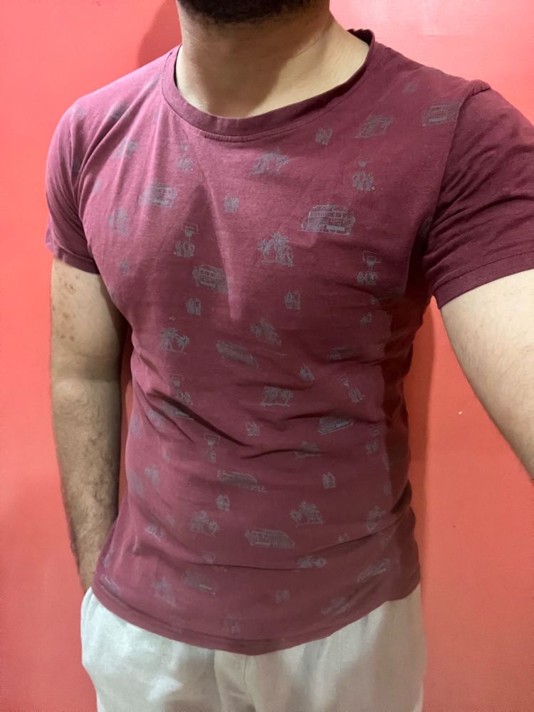 Maroon Printed Slim Fit T-Shirt For Men 👕