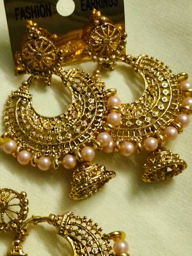golden Jhumka Earrings Set