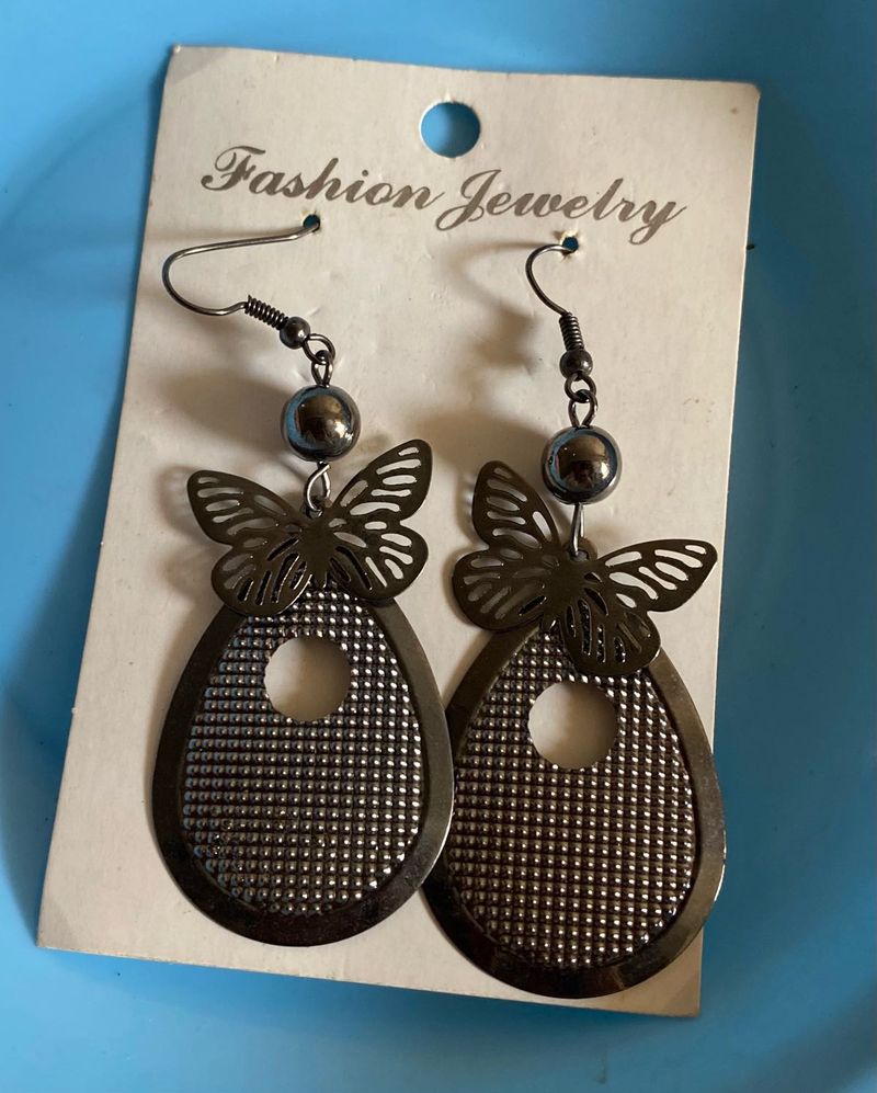 Black Metal Butterfly Cutout Dangler Earrings