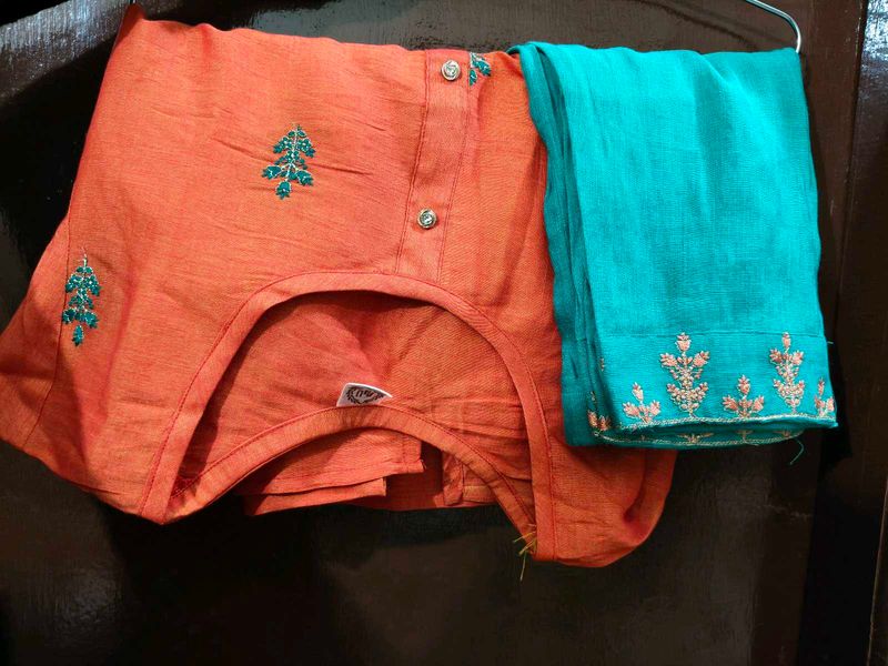 Embroidered Orange Kurta with Teal Dupatta