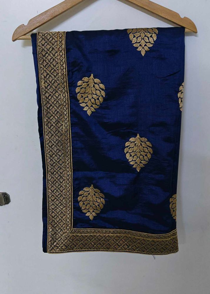 Elegant Blue Gold Embroidered Silk Saree
