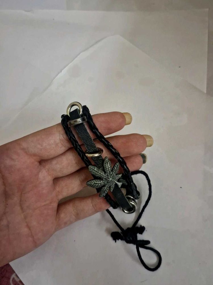 y2k , Black Leather Bracelet with Leaf Charm