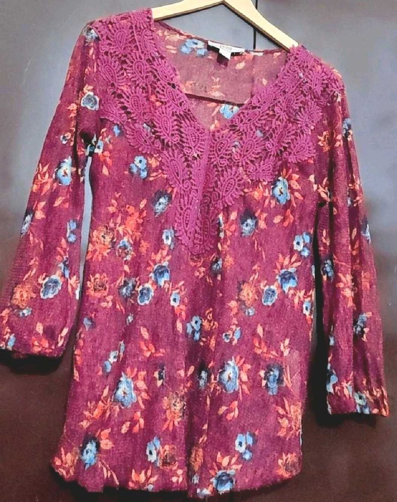 Purple Floral Print Lace Neck Top 32 Bust