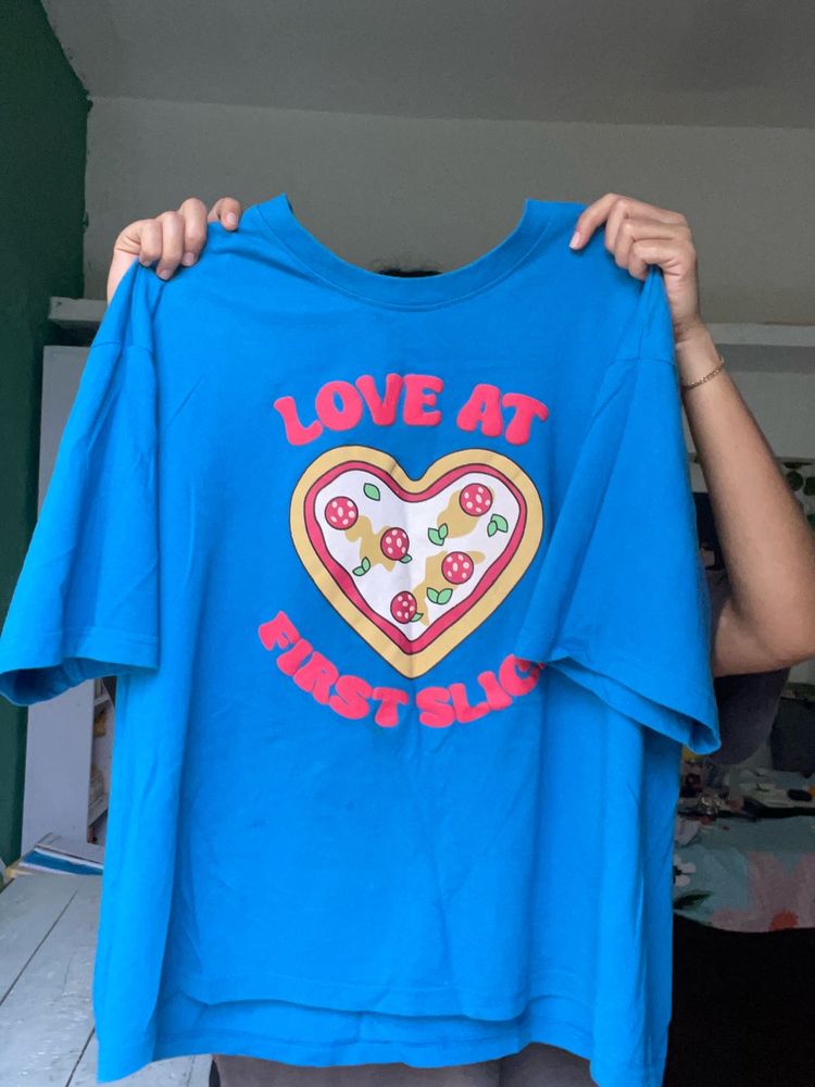 Blue Graphic T-Shirt with Pizza Heart Design