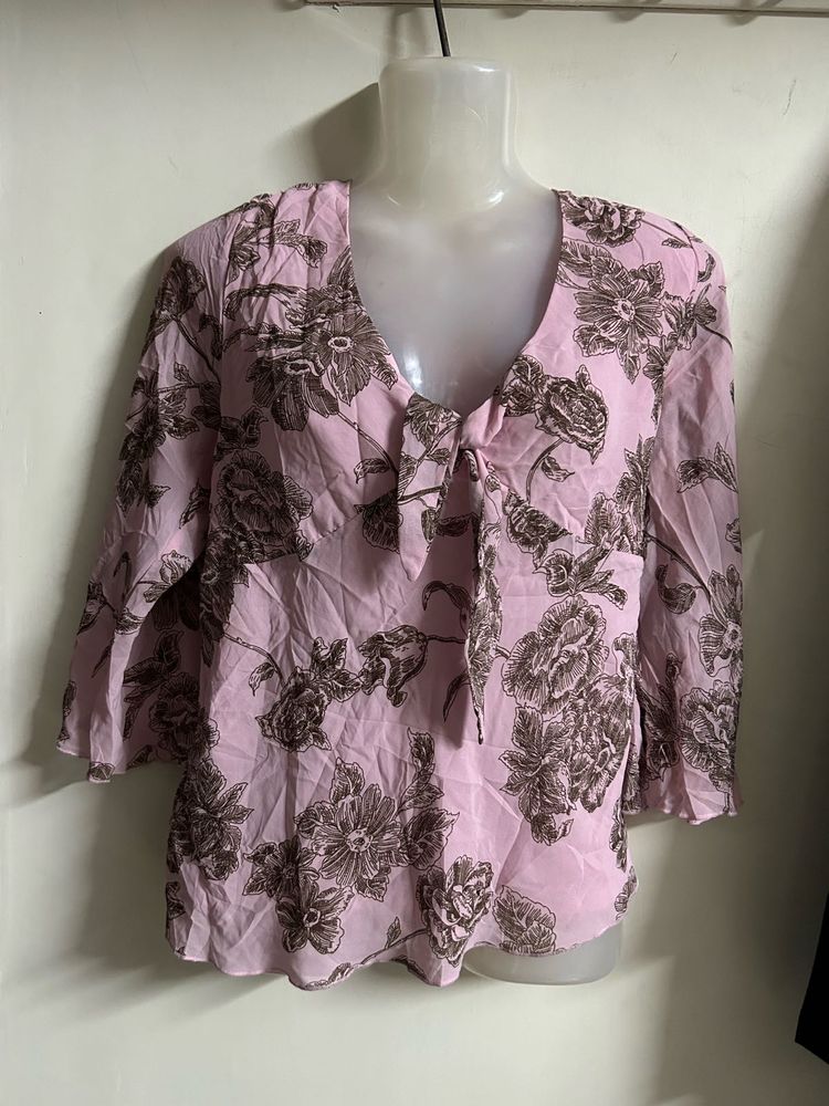 Pink Floral Tie-Neck Blouse