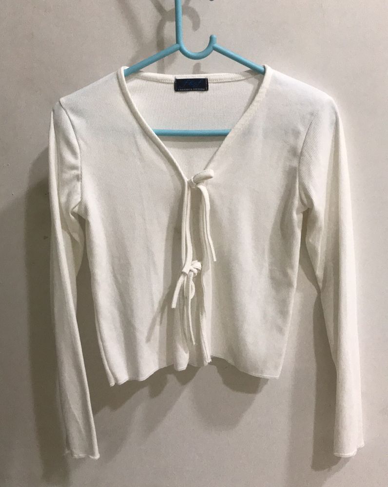 Korean Style White Bow Tying Slit Top
