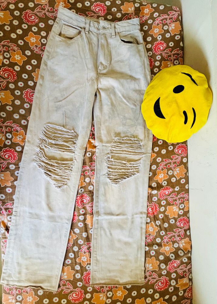 High Weist Beige Color Straight Fit Jeans