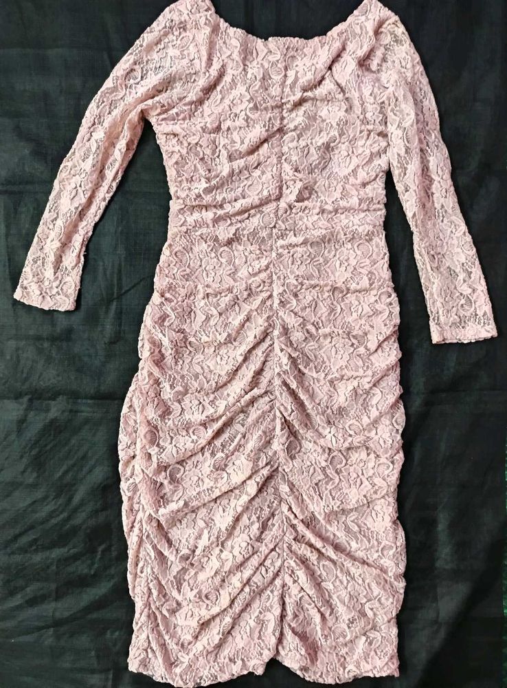Pink Lace Ruched Bodycon Dress