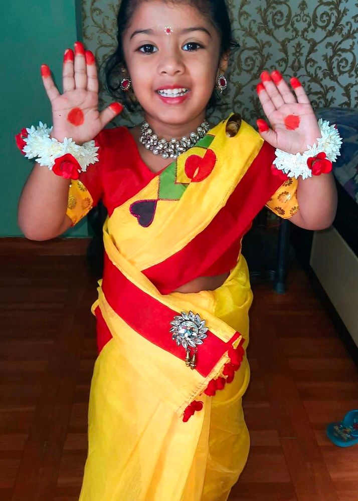 Traditional Yellow and Red Saree for Kids