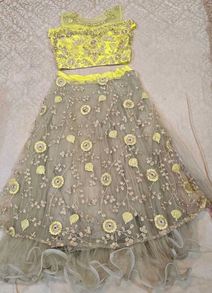 Stunning Yellow &amp; Grey Embroidered Lehenga Choli
