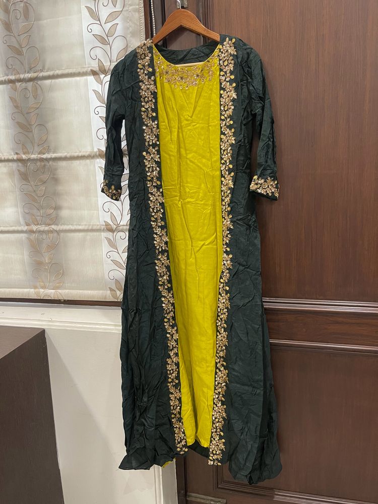 Green Yellow Ethnic dress with attached jacket