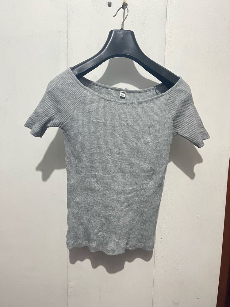 Grey Ribbed Off-Shoulder Top