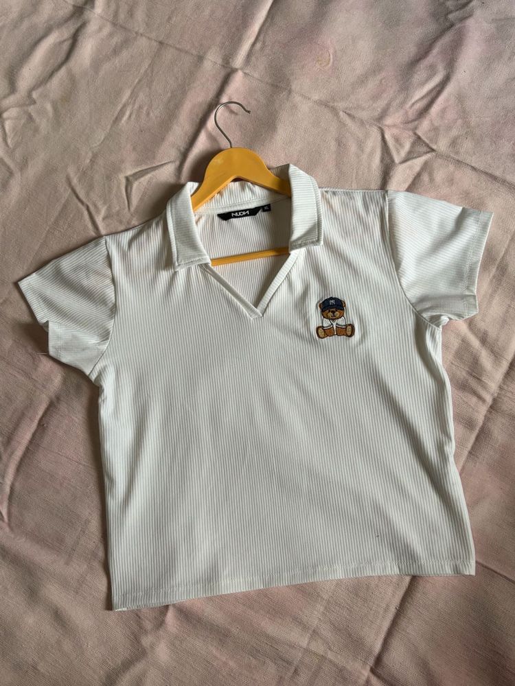 White Ribbed Collared top with Teddy Bear Pat