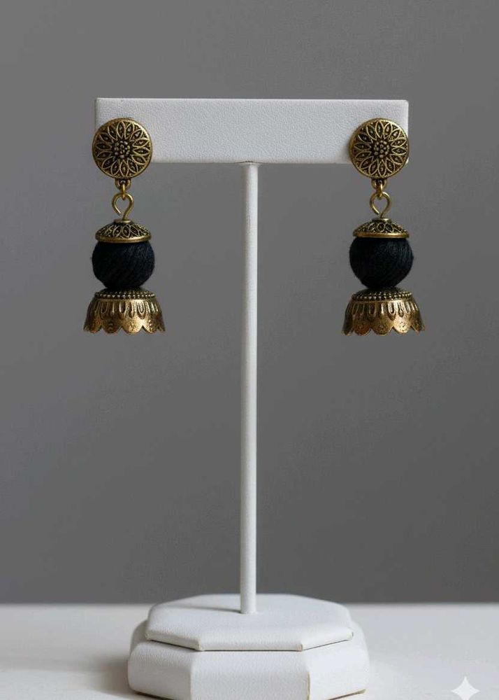Jhumka Earrings - Black &amp; Gold Tone