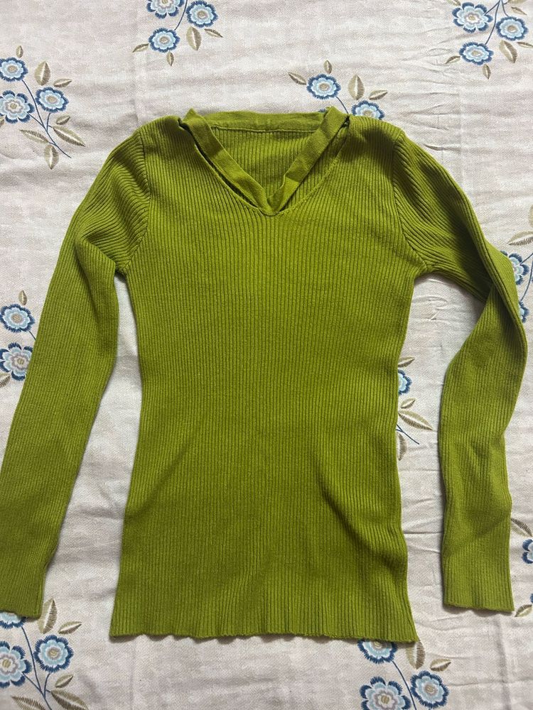 Lime Green Ribbed V-Neck Top