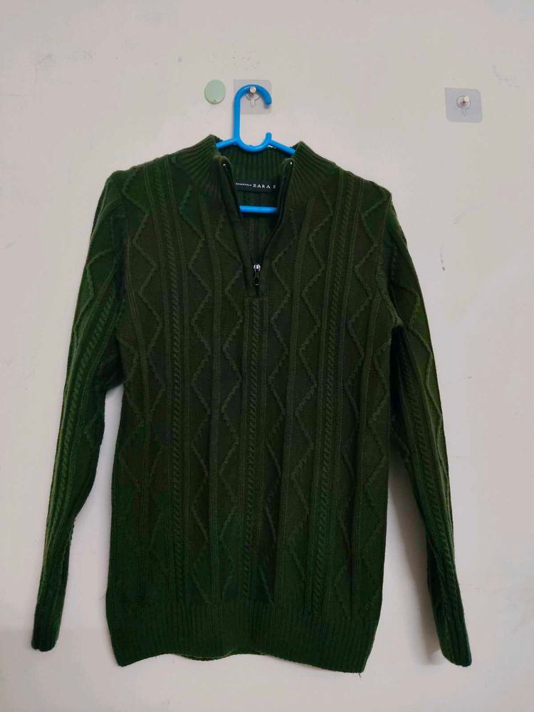 Men's Dark Green Cable Knit Quarter Zip Sweater