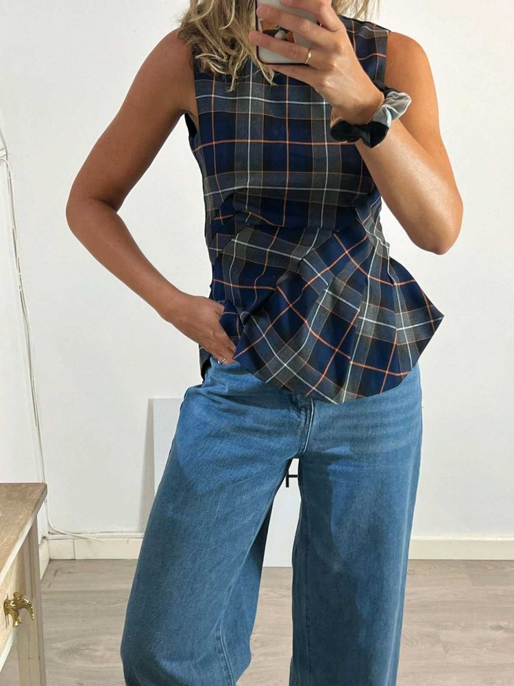 Plaid Sleeveless Peplum Top