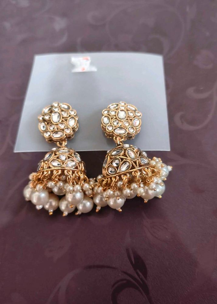 Exquisite Pearl &amp; Stone Jhumka Earrings