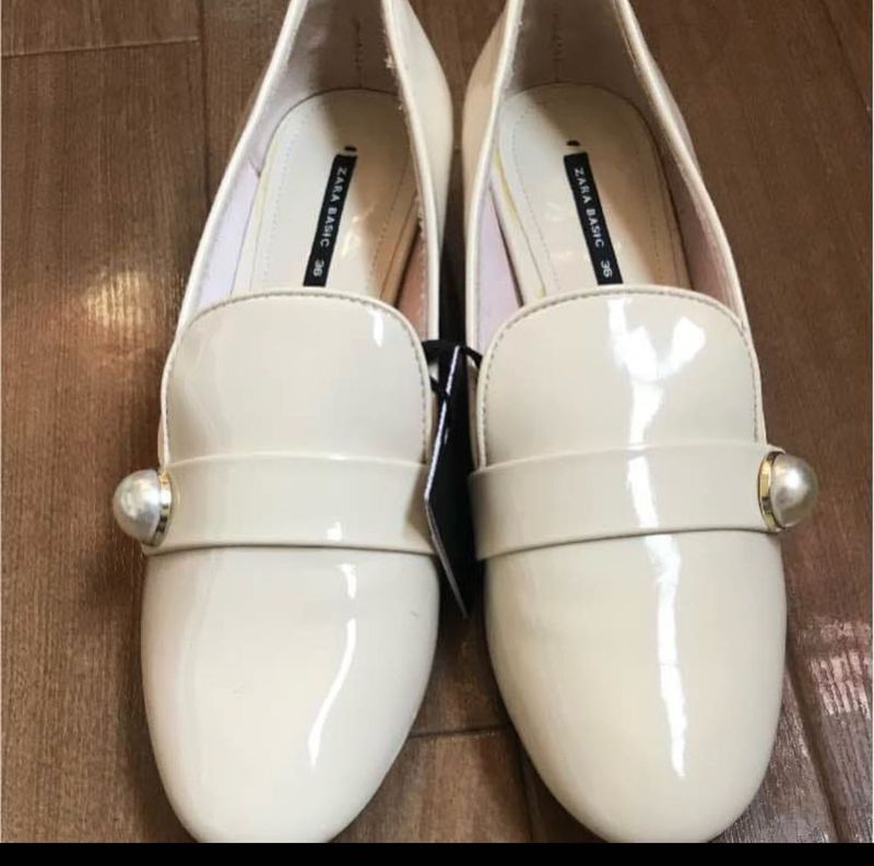 Zara Cream Patent Loafers with Embellishment
