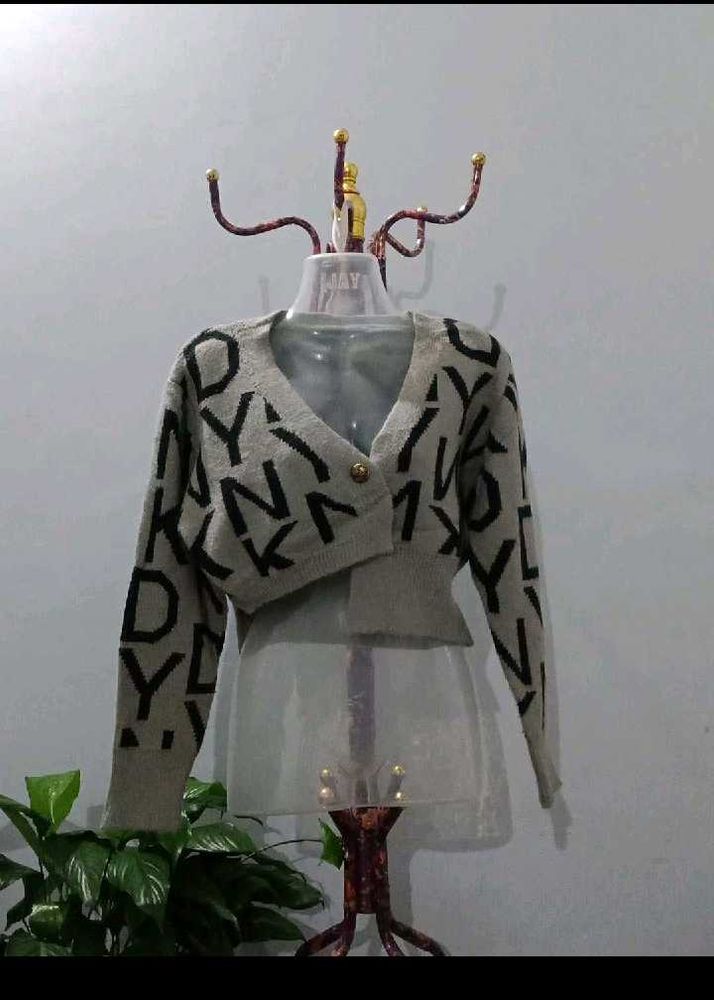Gray Letter Print Cropped Cardigan