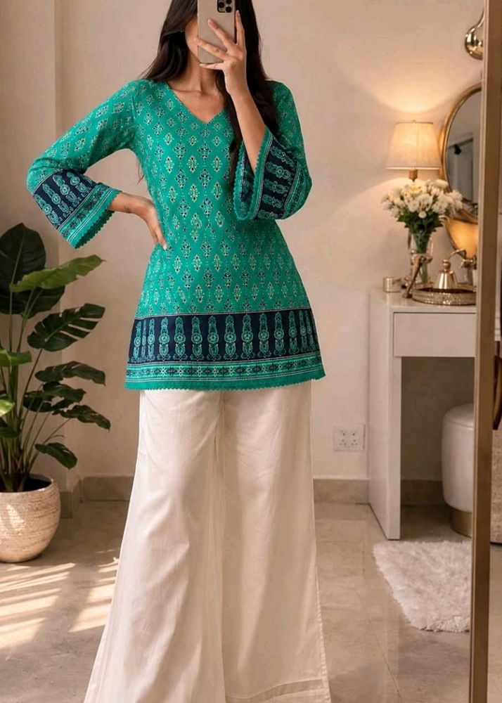 Stylish Teal Printed Kurta with Palazzos